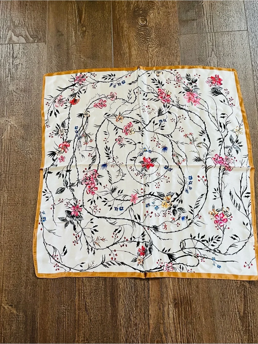 100 %Floral Silk Satin Scarf - Cream with Pink Flowers 26/26 inches